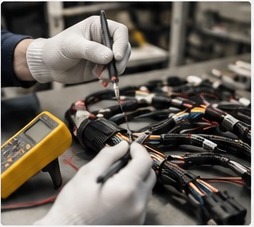 Technician inspecting wire harness assemblies